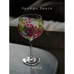 Sponge Space中古花朵紅酒杯高腳杯葡萄酒杯手繪ins禮物水晶玻璃