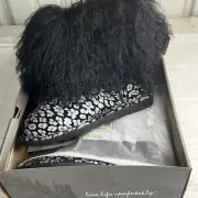 Bearpaw Boo Gray Black Curly Lamb Fur Shearling Sheepskin Wool Lined Boots Sz 11