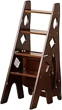 Folding Library Ladder Chair 4-Step Stool Dual Purpose Stepladders Wooden Climb Step Display Stand Flower Stand, Maximum Load 350bls(Color 1)