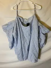 NWT NEW SIMPLY BE WOMENS PLUS SIZE 4X COLD SHOULDER TOP SHIRT BLOUSE BLUE WHITE