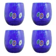 Set of Four 4 Murano Glass Tumblers Blue Multi Millefiori Venice