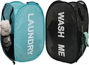 Aplter 2Pack Mesh Pop Up Washing Basket, Foldable Laundry Hamper with Side Pocket for Nursery Room, Laundry Room, Travel, Cruise (Black+Blue)