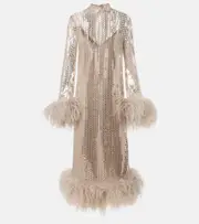 [Taller Marmo] Taller Marmo Gina Venti feather-trimmed midi dress AU 8 silver