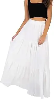 [Generic] Women Summer Boho Elastic High Waist Pleated A Line Tiered Maxi Skirt