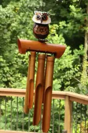 Handmade Wooden Snowy Owl Bamboo Wind Chime Wood Hoot Patio Garden Outdoor Art