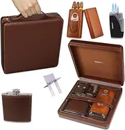 AMANCY All-in-one Travel Leather Cigar Humidor Box with Torch Cigar Lighter,Cutter and Stand Gift Set,Portable Multifunctional Travel Cigar Case Flask Combo Kits