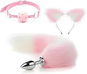 Stainless steel anal plug with fox tail, fox ears headband, gag, 3pcs set, butt plug, anal dildo, anal ball, sex toys for women and couples(S)
