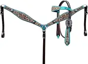 Showman Leather Headstall & Breast Collar Set w/Cheetah Print & Teal Metallic Accent