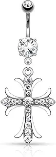 [Pierced Owl] 14G 316L Surgical Steel Celtic Cross with Paved Gems Dangling Belly Button Ring