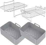 [UhJoe] 8Pcs Air Fryer Accessories Set with 2 Air Fryer Silicone Pot and 1 Double Layer Rack with 4 Skewer 1 Steamed Rack Reusable Air Fryer Liner with Handle Stainless Steel Air Fryer Rack