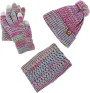 [COSMEVIVI] Boys and Girls Winter Hat Gloves Set Girls Boys Toddler Knitted Pom Pom Warm Neck Warmer Kit Violet