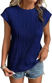 [ELFIN] Womens Round Neck Tshirts Elegant Tops Short Sleeve Casual T-Shirt Plain Tops Summer Loose Blouse, Dark Blue, S