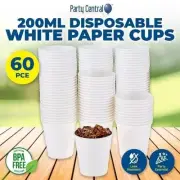 60pce Disposable Paper Cup Party Bulk Pack Drinks Cups BBQ Picnic - 200ml White