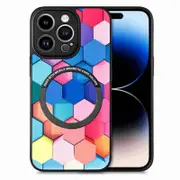 For Apple iPhone 15 Pro Max Leather Cover Magsafe Magnetic Back Case Support Wireless Charging (Colored Squares)