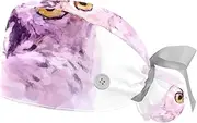 [WOSHJIUK] Working Hat 2 Pack Scrub Caps for Women,Watercolor owl Painting,Tie Back Cap Adjustable Scrub Hat