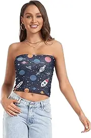 [RPLIFE] Cartoon Space Planets Blue Tube Crop Tops for Women, Trendy Crop Tops, Mesh Tube Tops, Summer Clothing (S)