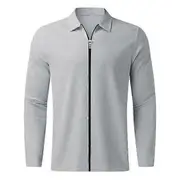 Men Shirt Autumn Winter Solid Color Long Breathable Sleeve Lapel Zipper Placket Outdoor Sports T-Shirt light grey M