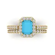 2.2ct Emerald Round Cut Halo Turquoise Stone Promise Bridal set 14k Yellow Gold