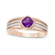 5.0mm Cushion-Cut Amethyst and 0.13 CT. T.W. Natural Diamond Multi-Row Split Shank Ring in Solid 10K Rose Gold