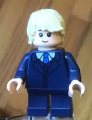 LEGO Little Boy Minifig Dark Blue Suit Light Flesh Nougat Skin, Short Legs Smile