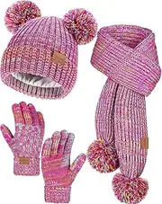 [Remifa] Kids Winter Hat Gloves Scarf Set, Toddler Children Girls Boy Fleece Lined PomPom Beanie Hat Kint Neck Long Scarf Warm Mittens