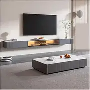 Floating TV Unit Wall Mounted Floating TV Stand with Storage Cabinet , TV Stand for Bedroom Living Room with LED Light, Modern Television Stand with Slate Tabletop Floating TV Cabinet(Gray,180*19*25cm