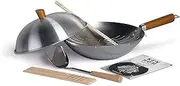 Ken Hom Carbon Steel Wok Set, 31cm, Classic, Non-Induction/Natural Patina Non-Stick/Wooden Handle, Includes Wok Pan with Lid, Wok Utensils & Recipe Book, KH331103