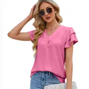 Nevenka Womens Ruffle Short Sleeve Chiffon Blouses V Neck Solid Color Casual Top-Bright Pink