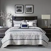Madison Park Quilt Set Luxurious Jacquard Stripes Design - All Season, Coverlet Bedspread Lightweight Bedding Layer, Shams, Decorative Pillow, King/Cal King(104"x94"), Chevron Navy 6 Piece