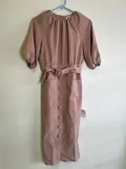 ASOS Petite Puff Sleeve Button Through Belted Midi Dress Rose Dust sz US 6/UK10