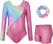 Gogokids Gymnastics Leotards for Girls, Long Sleeve Rhinestone Kids Dance Unitards Biketards with Tumbling Dance Shorts