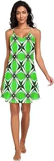 [RPLIFE] Geometric Angular Shapes Green Slip Dress for Women, Adjustable Spaghetti Strap V Neck Women Satin Nightgown
