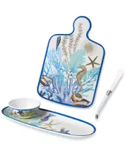 Certified International Blue Lagoon Cheese Plate & Oval Tray with Dip Bowl Set