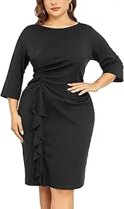 [ZOMVA] Plus Size 1X-4X Women's Bodycon 3/4 Sleeve Ruffle Midi Dress Vintage Crew Neck Pencil Dress Work Church Cocktail Formal