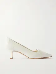 [Manolo Blahnik] Manolo Blahnik - Maysale 50 Buckled Suede-trimmed Croc-effect Leather Point-toe Pumps - Cream - IT40 IT 40 Cream
