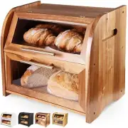 Arise Stylish Acacia Bread Box for Kitchen Countertop, Extra Large 2-Shelf Wo...