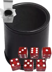 (6) 16mm Transparent Red Dice + PU Leather Black Felt Lined Cup Gift Boxed