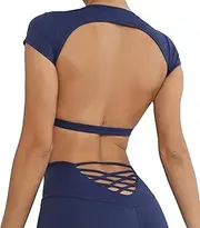 [Adigau] Women's Open Back Workout Tops Backless Sports Top Medium Support Crop Tops Short Sleeve Shirt Going Out Tee with Bra