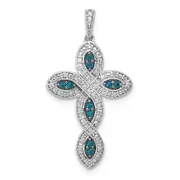 Solid 14k White Gold and Blue Simulated CZ Cross Pendant