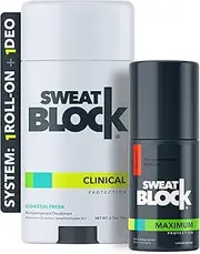 SweatBlock Antiperspirant Deodorant Max Clinical System for Men & Women. Treat Hyperhidrosis, Excessive Sweating & Underarm Odor - Includes: (1) DRIBOOST [PM] Maximum Strength Antiperspirant Roll-on + (1) [AM] Clinical Deodorant