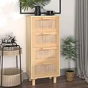 Sideboard Storage Cabinet, Brown Wood Pine, Natural Rattan Weaving, 4 Drawers, Ideal Hallway Buffet Furniture