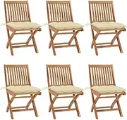 Folding Garden Chairs, Set of 6 Solid Teak Wood Outdoor Patio Chairs with Cream Cushions for Deck, Balcony - Durable Foldable Wooden Chair Furniture