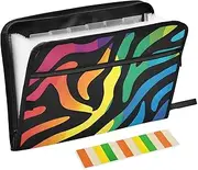 Quteprint 13 Pockets Expanding File Folder with Zipper Closure, Rainbow Animal Zebra Print Accordion File Folder with Sticky Labels, Letter Size A4 Papers Expandable File Document Organizer