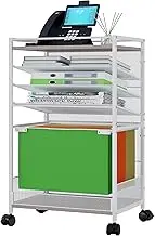 Superbpag Rolling Storage Cart, 5 Tier Utility Cart with Wooden Tabletop Storage Space, Mobile Cart with Pull-Out File Folder Rack for Home Office Kitchen, White