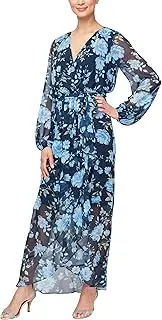 [S.L. Fashions] Women's Long Sleeve Tulip Overlay Skirt Maxi Dress with Surplice Neckline and Tie Belt