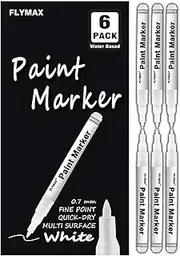 White Marker, 6 Pack 0.7mm Acrylic White Permanent Marker White Paint Pens for Wood Rock Plastic Leather Glass Stone Metal Canvas Ceramic Marker Extra Very Fine Point Opaque Ink Water Based