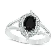 Oval Lab-Created Black Sapphire and 0.05 CT. T.W. Diamond Bead Bypass Swirl Frame Ring in Sterling Silver