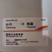 在飛比找蝦皮購物優惠-台中到桃園 高鐵票 自由座3/23