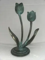 Silvestri Verdigris Brass Iris Tulip Candlestick Holders Sculpture Art Nouveau