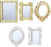 5 Pieces Miniature Dollhouse Mirror European Frame Mirror Dollhouse Victorian Baroque Wall Mirror Miniature Bedroom Mini Furniture Accessory for 1/12 Dollhouse Decor, Gold and Silver (Elegant Style)